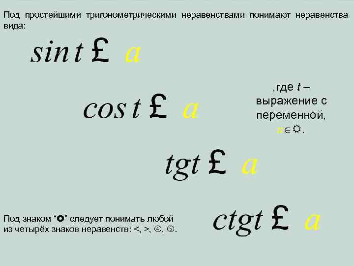 Под простейшими тригонометрическими неравенствами понимают неравенства вида: , где t – выражение с переменной,