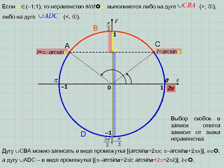 Если a (– 1; 1), то неравенство sint a выполняется либо на дуге (<,