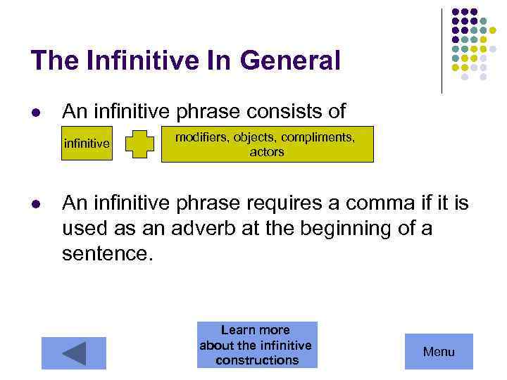 The Infinitive In General l An infinitive phrase consists of infinitive l modifiers, objects,