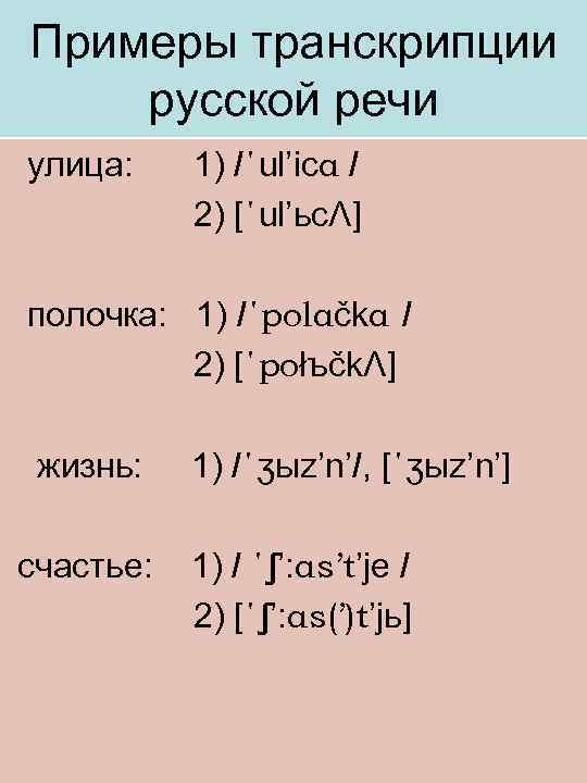 Примеры транскрипции русской речи улица: 1) /΄ul’icα / 2) [΄ul’ьcΛ] полочка: 1) /΄polαčkα /