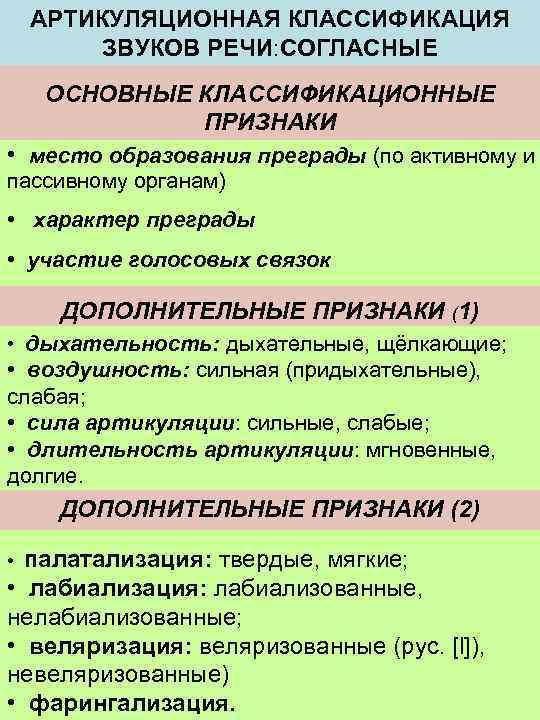 АРТИКУЛЯЦИОННАЯ КЛАССИФИКАЦИЯ ЗВУКОВ РЕЧИ: СОГЛАСНЫЕ ОСНОВНЫЕ КЛАССИФИКАЦИОННЫЕ ПРИЗНАКИ • место образования преграды (по активному