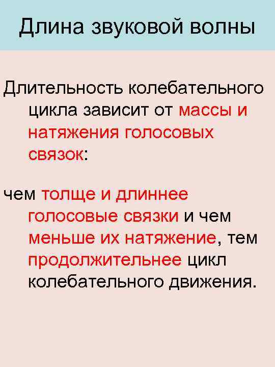 Длина звуковой волны Длительность колебательного цикла зависит от массы и натяжения голосовых связок: чем