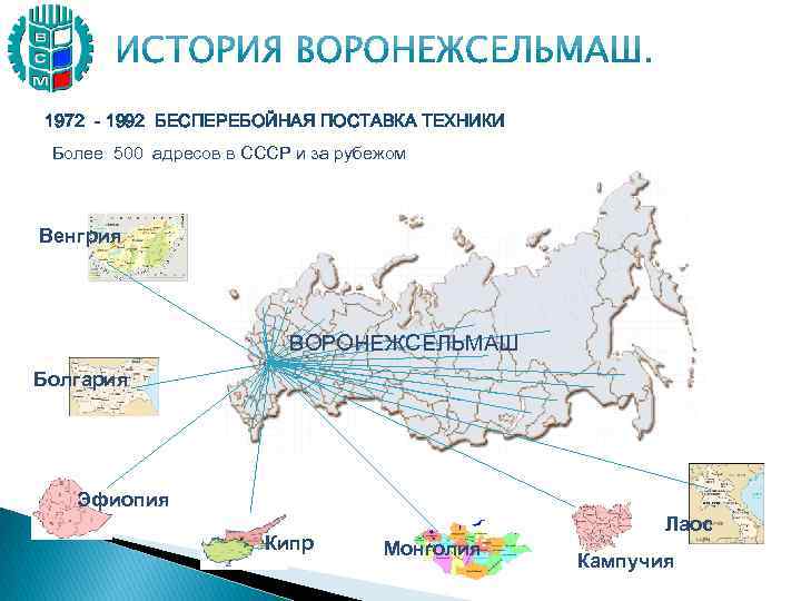 1972 - 1992 БЕСПЕРЕБОЙНАЯ ПОСТАВКА ТЕХНИКИ Более 500 адресов в СССР и за рубежом