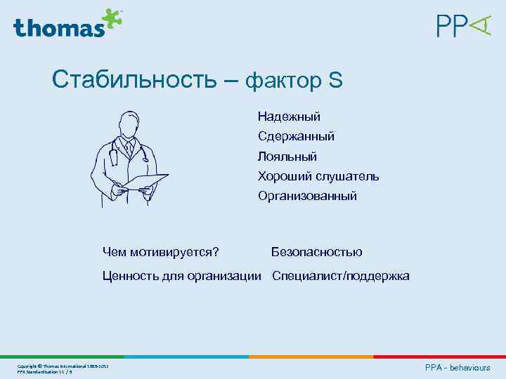  Стабильность – фактор S Надежный Сдержанный Лояльный Хороший слушатель Организованный Чем мотивируется? Безопасностью