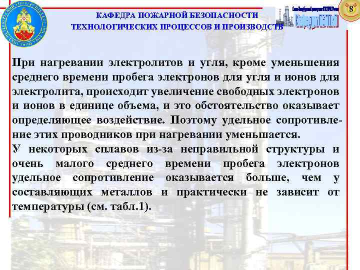 КАФЕДРА ПОЖАРНОЙ БЕЗОПАСНОСТИ ТЕХНОЛОГИЧЕСКИХ ПРОЦЕССОВ И ПРОИЗВОДСТВ При нагревании электролитов и угля, кроме уменьшения