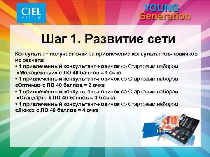 Шаг 1. Развитие сети Консультант получает очки за привлечение консультантов-новичков из расчета: • 1