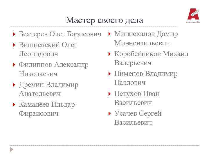 Мастер своего дела Бехтерев Олег Борисович Вишневский Олег Леонидович Филиппов Александр Николаевич Дремин Владимир