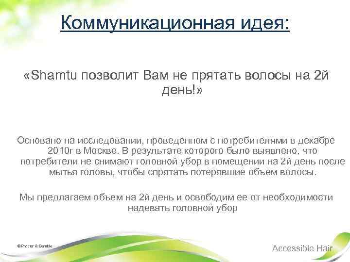 Коммуникационная идея: «Shamtu позволит Вам не прятать волосы на 2 й день!» Основано на
