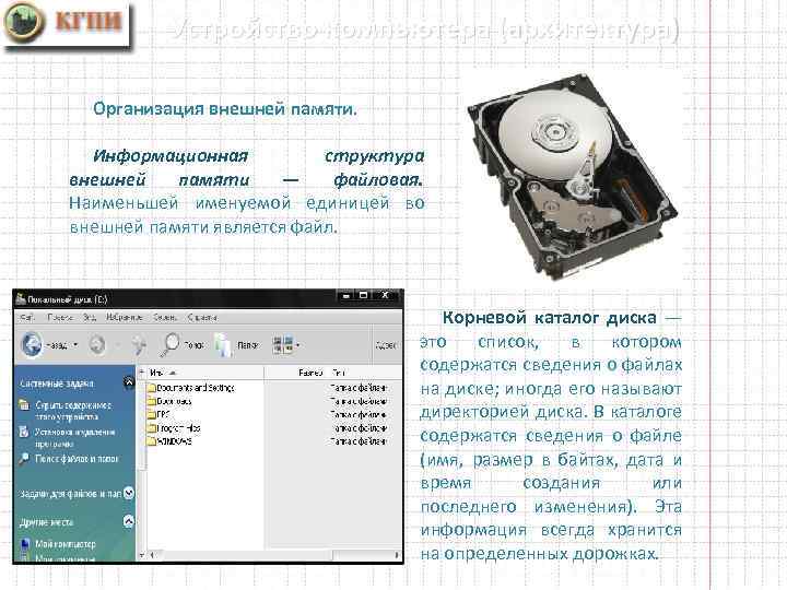 Устройство компьютера (архитектура) Организация внешней памяти. Информационная структура внешней памяти — файловая. Наименьшей именуемой