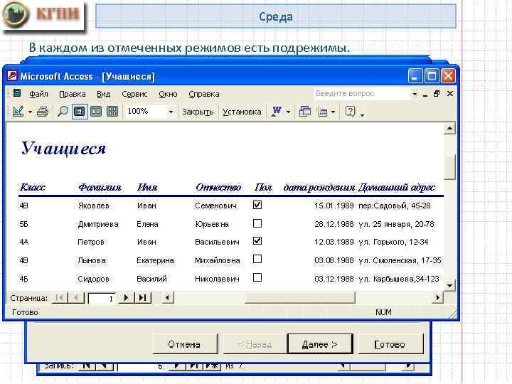 Среда В каждом из отмеченных режимов есть подрежимы. 