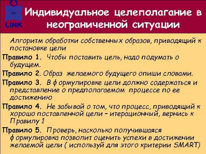 Индивидуальное целеполагание в неограниченной ситуации Алгоритм обработки собственных образов, приводящий к постановке цели Правило