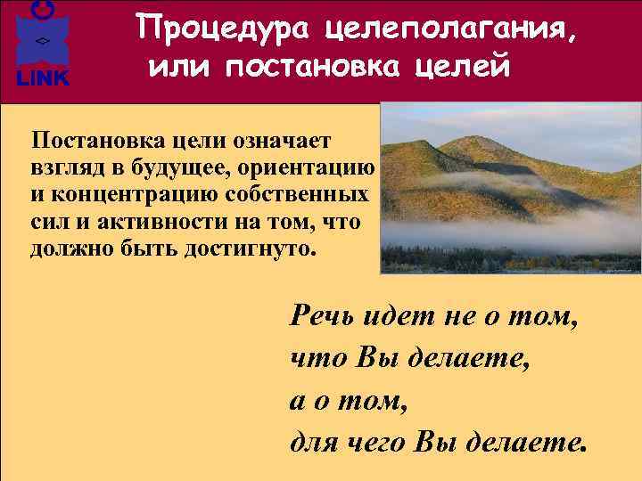 Процедура целеполагания, или постановка целей Постановка цели означает взгляд в будущее, ориентацию и концентрацию