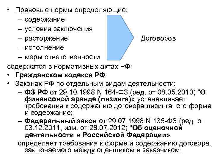  • Правовые нормы определяющие: – содержание – условия заключения – расторжение Договоров –