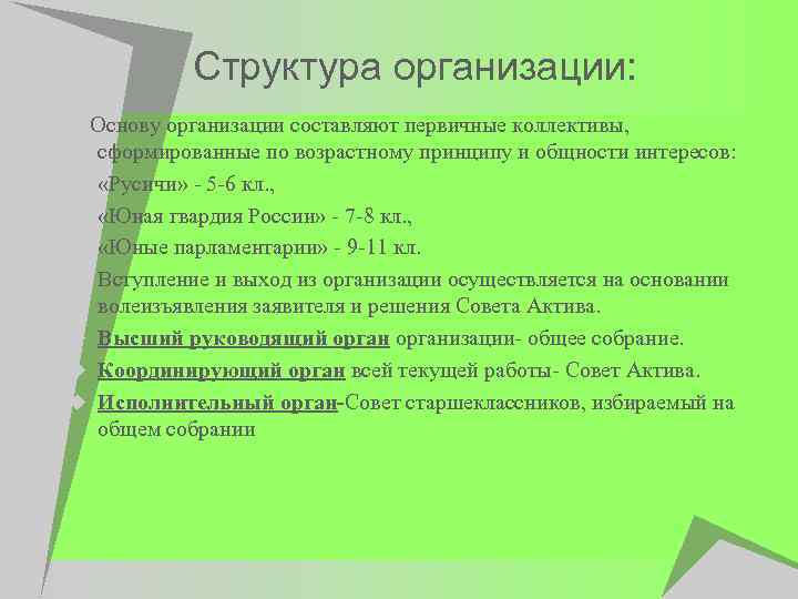 Структура организации: Основу организации составляют первичные коллективы, сформированные по возрастному принципу и общности интересов: