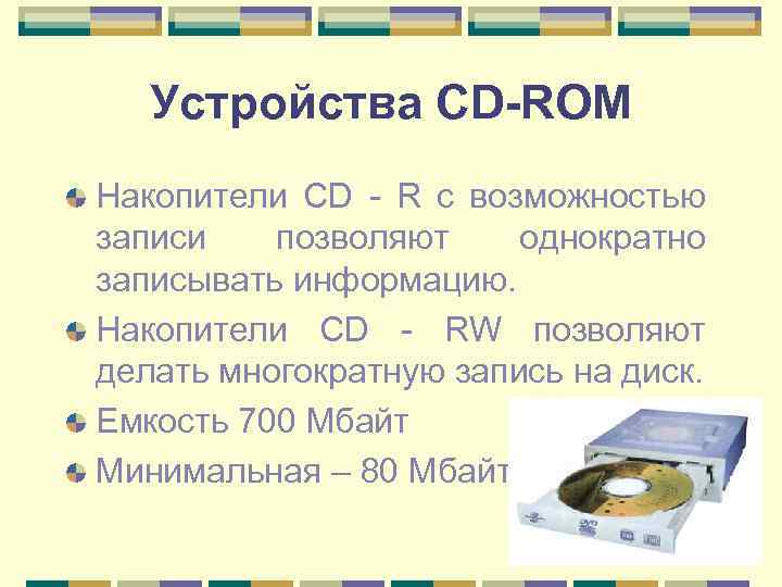 Устройства CD-ROM Накопители CD - R с возможностью записи позволяют однократно записывать информацию. Накопители