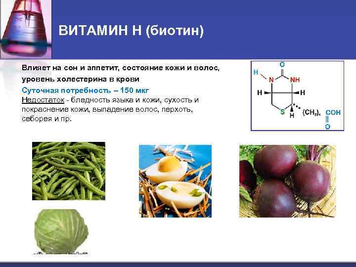 ВИТАМИН Н (биотин) Влияет на сон и аппетит, состояние кожи и волос, уровень холестерина