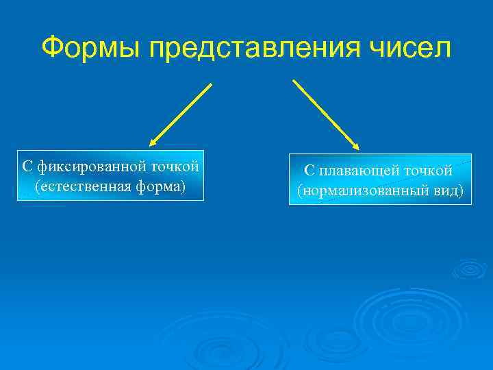 Формы представления чисел С фиксированной точкой (естественная форма) С плавающей точкой (нормализованный вид) 