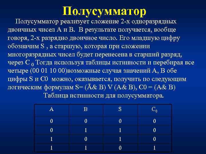 Полусумматор реализует сложение 2 х одноразрядных двоичных чисел А и В. В результате получается,