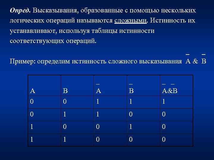 Опред. Высказывания, образованные с помощью нескольких логических операций называются сложными. Истинность их устанавливают, используя