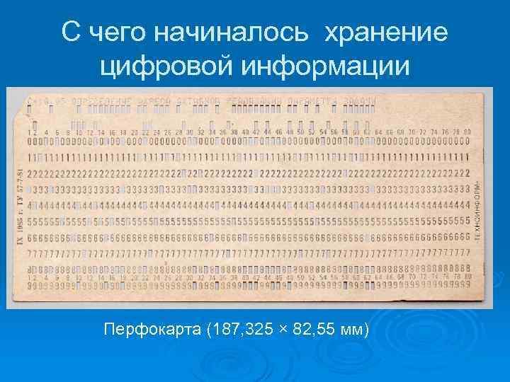 С чего начиналось хранение цифровой информации Перфокарта (187, 325 × 82, 55 мм) 
