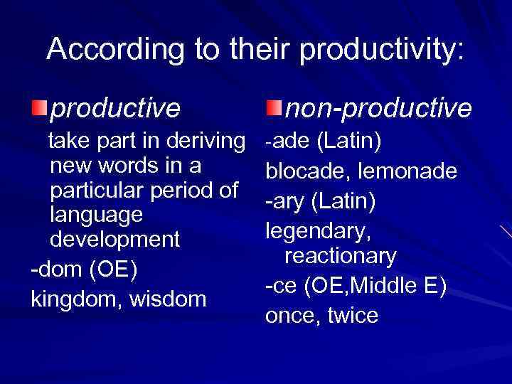 According to their productivity: productive take part in deriving new words in a particular