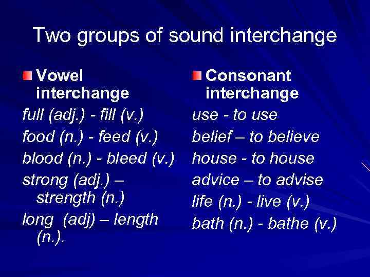 Two groups of sound interchange Vowel interchange full (adj. ) fill (v. ) food