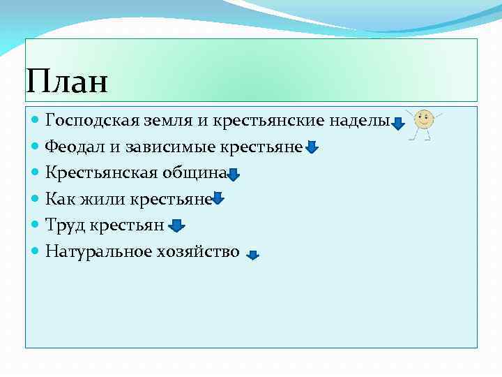 План Господская земля и крестьянские наделы Феодал и зависимые крестьяне Крестьянская община Как жили