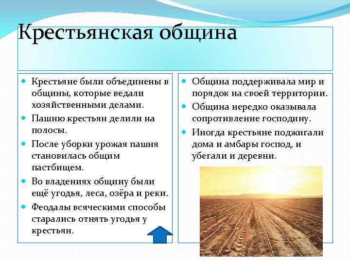 Крестьянская община Крестьяне были объединены в общины, которые ведали хозяйственными делами. Пашню крестьян делили