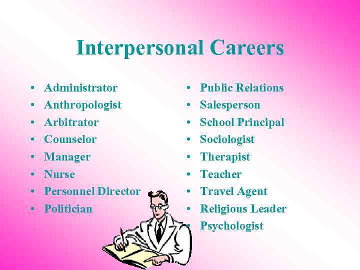 Interpersonal Careers • • Administrator Anthropologist Arbitrator Counselor Manager Nurse Personnel Director Politician •