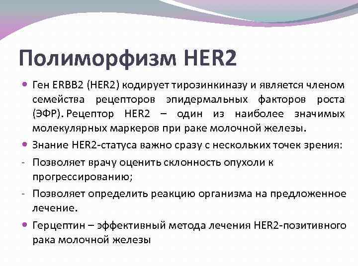 Полиморфизм HER 2 Ген ERBB 2 (HER 2) кодирует тирозинкиназу и является членом семейства