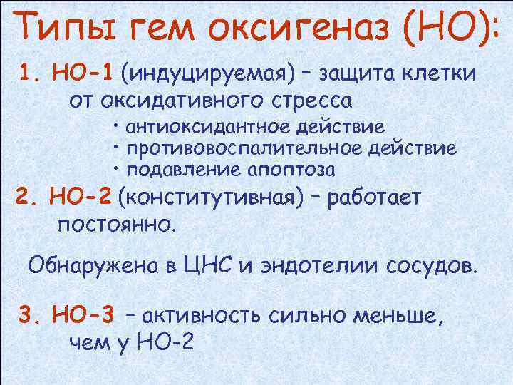 Типы гем оксигеназ (НО): 1. НО-1 (индуцируемая) – защита клетки от оксидативного стресса •