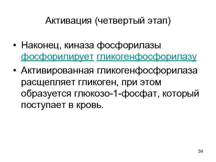 Активация (четвертый этап) • Наконец, киназа фосфорилазы фосфорилирует гликогенфосфорилазу • Активированная гликогенфосфорилаза расщепляет гликоген,