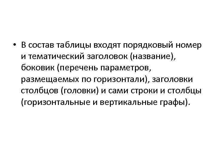  • В состав таблицы входят порядковый номер и тематический заголовок (название), боковик (перечень