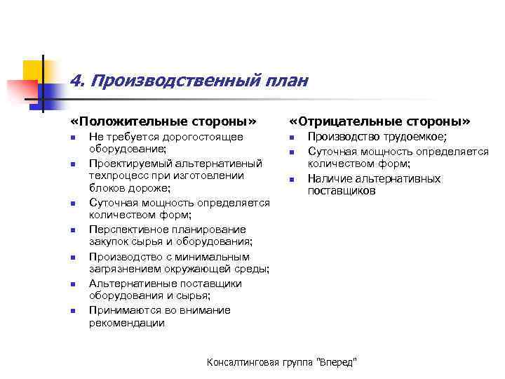 4. Производственный план «Положительные стороны» n n n n Не требуется дорогостоящее оборудование; Проектируемый