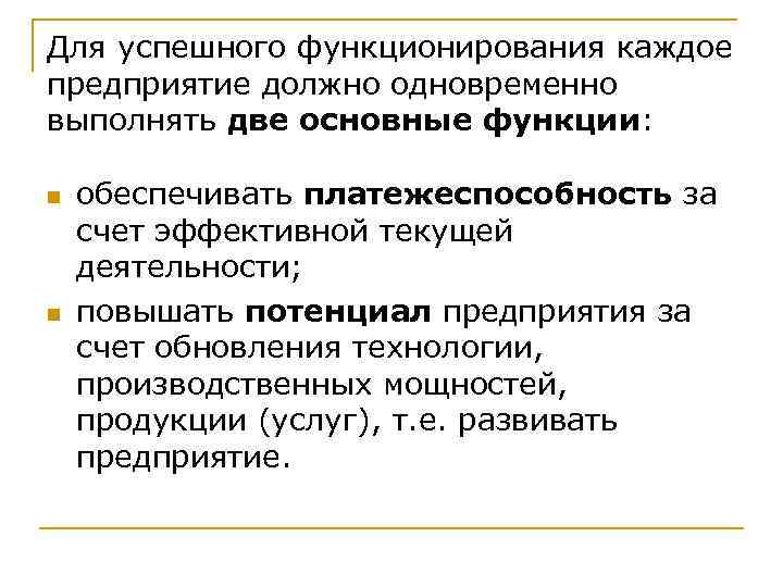 Для успешного функционирования каждое предприятие должно одновременно выполнять две основные функции: n n обеспечивать