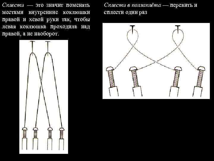 Сплести — это значит поменять местами внутренние коклюшки правой и хевой руки так, чтобы