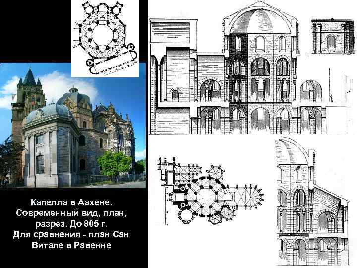 Капелла в Аахене. Современный вид, план, разрез. До 805 г. Для сравнения - план