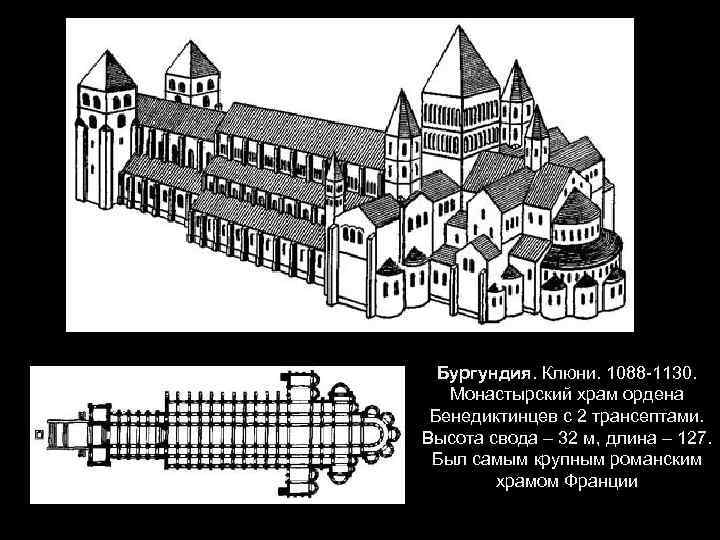 Бургундия. Клюни. 1088 -1130. Монастырский храм ордена Бенедиктинцев с 2 трансептами. Высота свода –