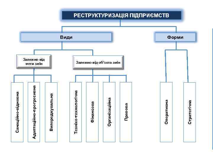 Стратегічна Види Оперативна Правова Організаційна Фінансова Залежно від мети змін Техніко-технологічна Випереджувальна Адаптаційно-прогресивна Санаційно-відновна