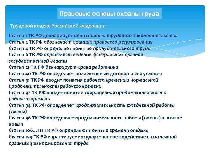 Правовые основы охраны труда Трудовой кодекс Российской Федерации Статья 1 ТК РФ декларирует цели