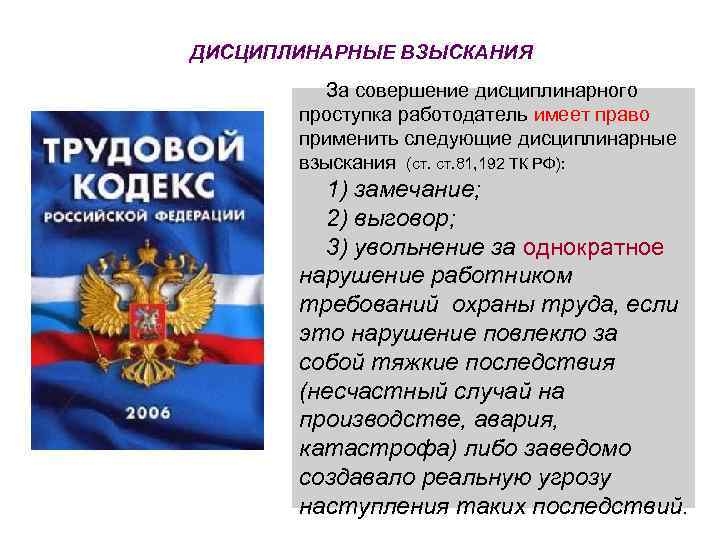 ДИСЦИПЛИНАРНЫЕ ВЗЫСКАНИЯ За совершение дисциплинарного проступка работодатель имеет право применить следующие дисциплинарные взыскания (ст.