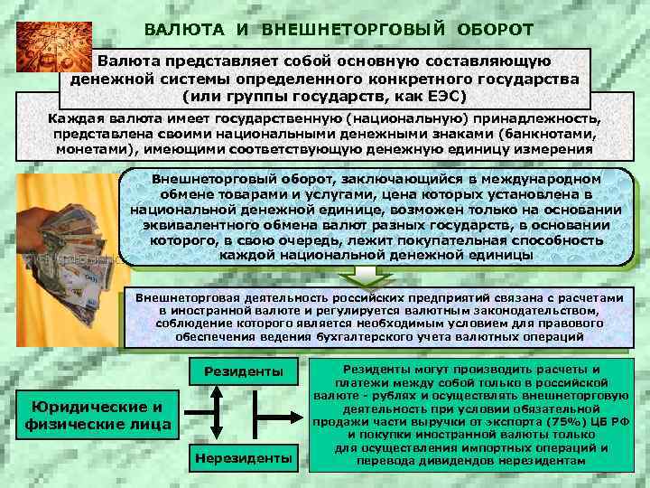 ВАЛЮТА И ВНЕШНЕТОРГОВЫЙ ОБОРОТ Валюта представляет собой основную составляющую денежной системы определенного конкретного государства