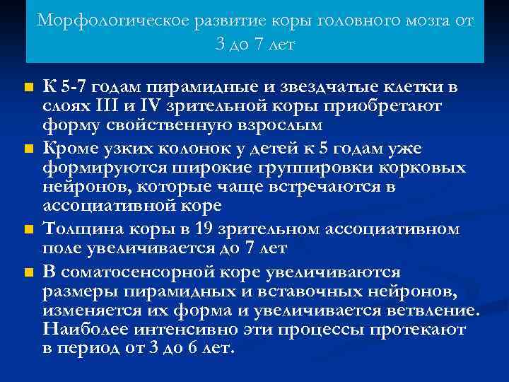 Морфологическое развитие коры головного мозга от 3 до 7 лет n n К 5