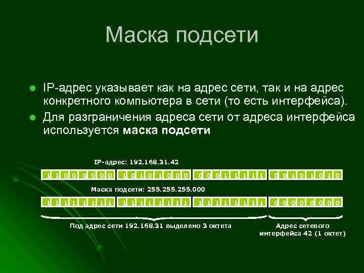 Маска подсети l l IP-адрес указывает как на адрес сети, так и на адрес