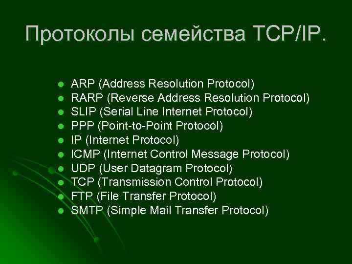 Протоколы семейства TCP/IP. l l l l l ARP (Address Resolution Protocol) RARP (Reverse