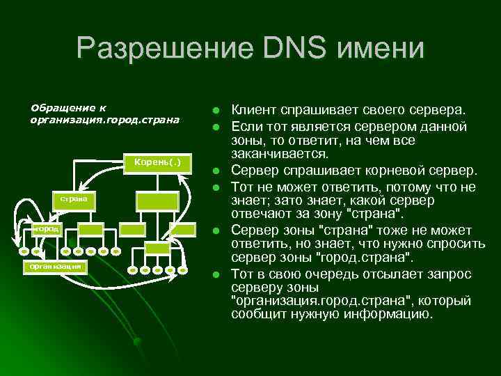 Разрешение DNS имени Обращение к организация. город. страна Корень(. ) l l страна город