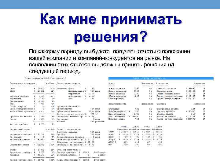 Как мне принимать решения? По каждому периоду вы будете получать отчеты о положении вашей