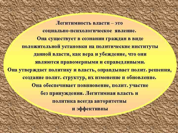 Легитимность власти – это социально-психологическое явление. Она существует в сознании граждан в виде положительной