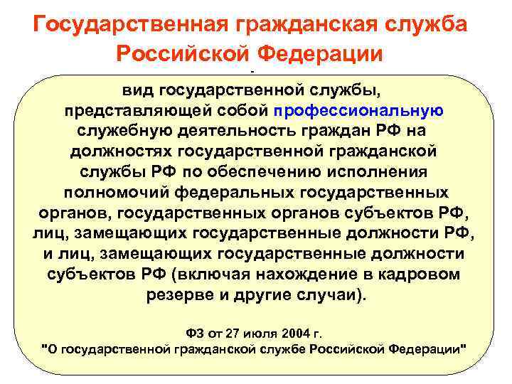 Государственная гражданская служба Российской Федерации - вид государственной службы, представляющей собой профессиональную служебную деятельность