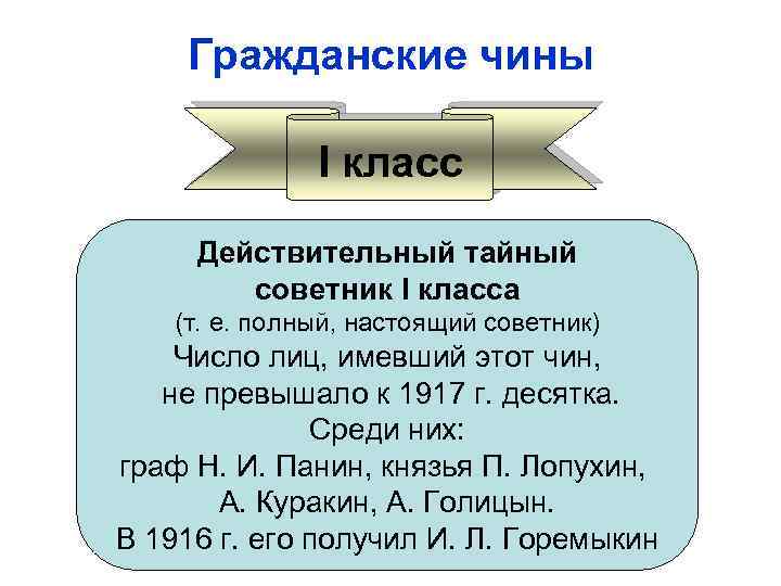 Гражданские чины I класс Действительный тайный советник I класса (т. е. полный, настоящий советник)